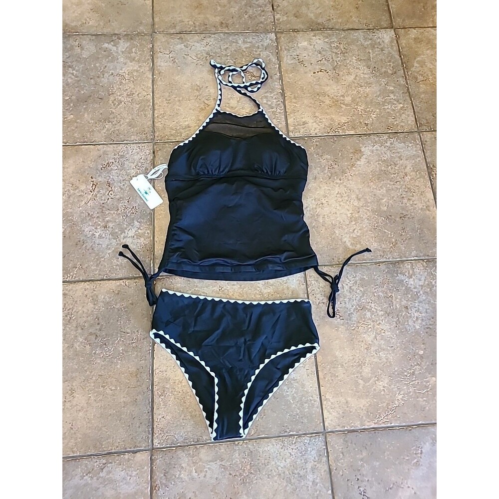 Beachsissi Cute White Trim Bathing Suit Swimwear Round Neck Tankini, Black Sz S